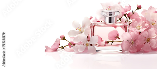Elegant perfume bottle surrounded by delicate pink blossoms for a fresh, floral, romantic fragrance