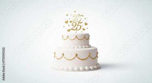 A twotiered white cake, adorned with golden accents and a 25 topper, celebrating a 25th anniversary milestone