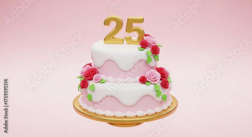 A twotiered cake decorated with pink roses and the number 25 in gold, perfect for celebrating a 25th birthday or anniversary on pink background