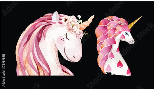 Cute Watercolor Unicorn Illustrations – Pastel Fantasy Horses with Golden Horns and Colorful Manes