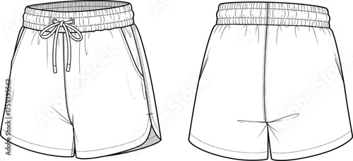 Shorts technical sketch, front and back view, elastic waistband, drawstring, curved hem, fashion flat, cad drawing flat vector illustration