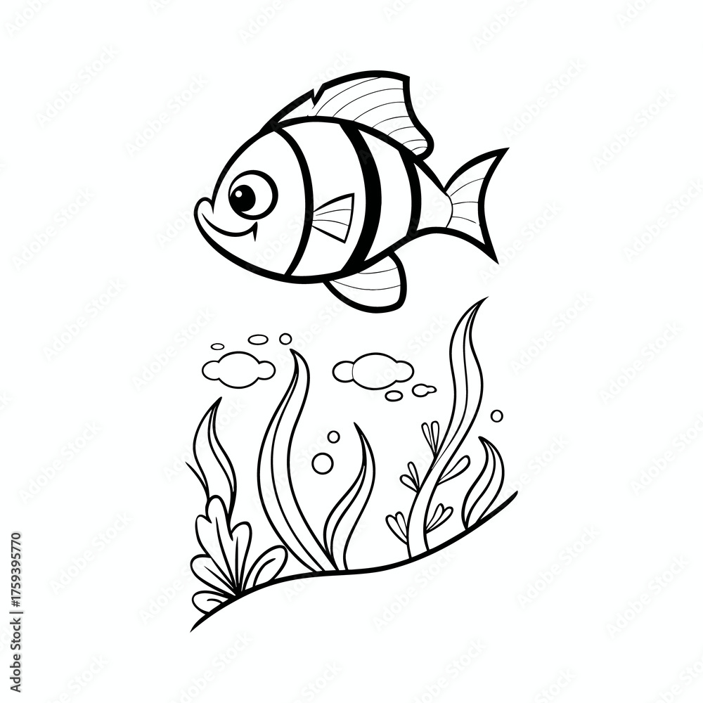 Obraz premium Happy Fish and Aquatic Plants Outline Drawing