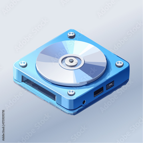 Isometric view of a compact disc player in a digital art style