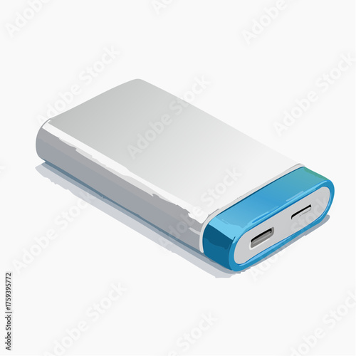 Isometric view of a portable power bank with blue accents on white background