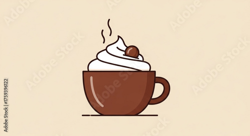 Illustration of a cup of hot chocolate with whipped cream and a chocolate ball for a cozy winter drink