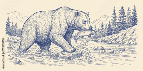 A majestic brown bear catches a large salmon in a mountain river surrounded by pine trees and rocky landscape.