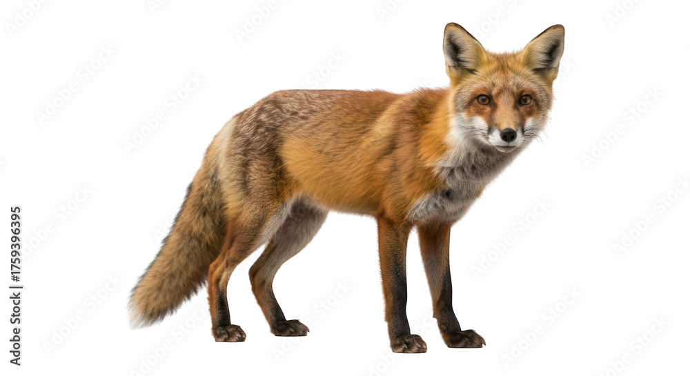 Fototapeta premium Alert fox stands, facing forward, with warm orange-brown fur
