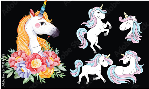 Cute Watercolor Unicorn Illustrations – Pastel Fantasy Horses with Golden Horns and Colorful Manes