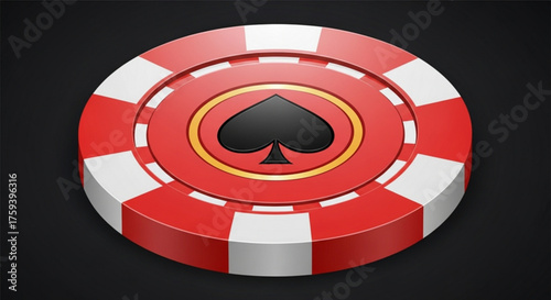 A red and white casino chip with a black spade in the center, a symbol of luck and gambling on a dark background
