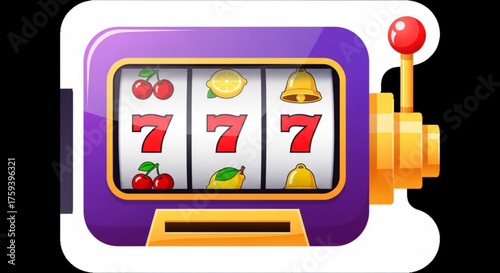 Purple slot machine with cherries, lemon and bell symbols, a classic casino game of chance and luck