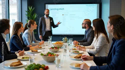 Employees gathered around sleek conference table enjoying catered lunch while a presenter delivers interactive professional development during lunch and learn session in  Photo Stock  Concept  and emp