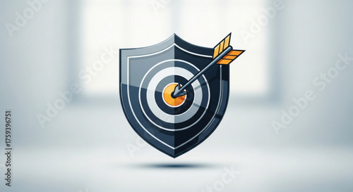 Arrow hitting the center of a shield target, symbolizing accuracy, security, and achieving goals with precision and protection in business