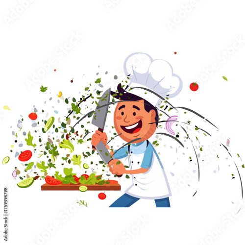 Funny Comic Chef Chopping Vegetables Too Fast – Expressive Cartoon Vector Illustration
