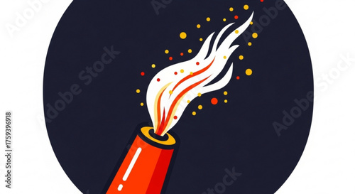 Illustration of a red signal flare with a bright flame and sparks against a dark blue background in a flat design style
