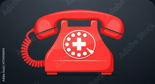 Emergency call vector illustration featuring a red telephone with a white cross, symbolizing medical assistance and urgent communication needs