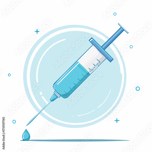 Medical syringe illustration with blue liquid and a drop in a circular design