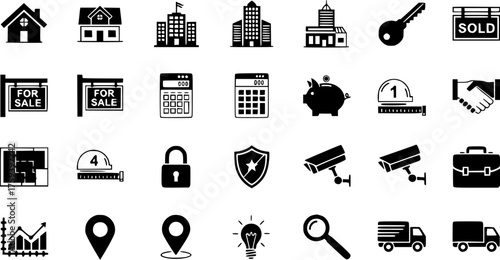 Comprehensive vector icon set: real estate, finance, business, construction, security, and logistics. Features houses, buildings, for sale, sold, calculator, piggy bank, key, floor plan, CCTV, truck