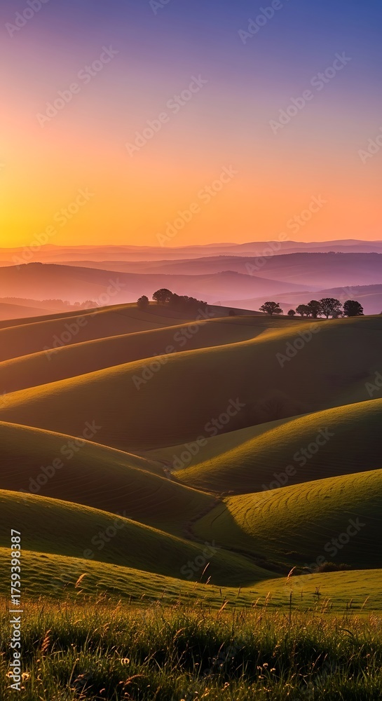 Fototapeta premium Golden Hour over Rolling Hills - A Serene Tuscan Landscape at Sunset.