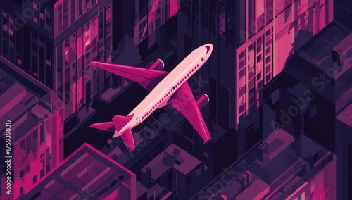Isometric plane flies over stylized urban cityscape