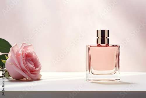 Elegant perfume bottle paired with a delicate pink rose, perfect for beauty and fragrance advertising campaigns
