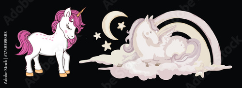 Cute Watercolor Unicorn Illustrations – Pastel Fantasy Horses with Golden Horns and Colorful Manes