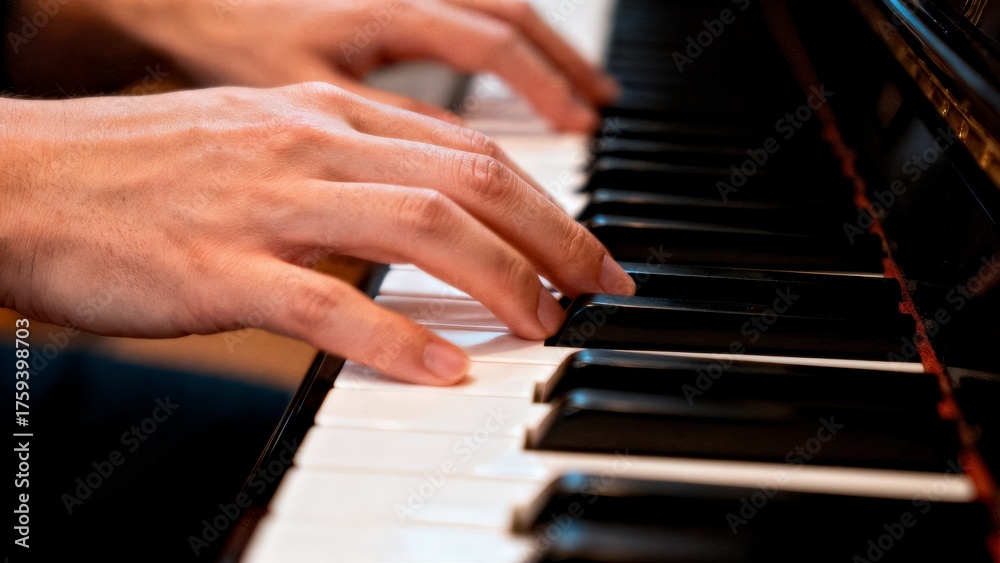 Obraz premium Hands Playing Piano Keys Close-up with Motion Blur for Music Learning and Education Content