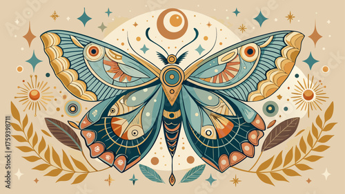 Very beautiful boho butterfly and mystical moth illustrations adorned with moons, stars, crescents, and geometric celestial patterns on a soft cream background — elegant spiritual nature designs evoki