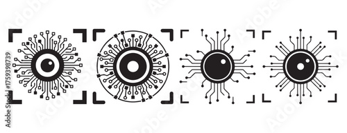 Black and white vector illustration showing multiple digital eye circuit icons representing artificial intelligence, biometric scanning, and cyber technology concepts.