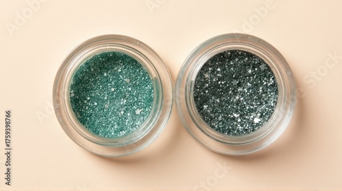 Two Jars of Glitter in Teal and Dark Teal.