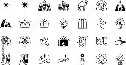 Minimalist Black and White Christmas Nativity Story and Christian Holiday Line Art Icons Set