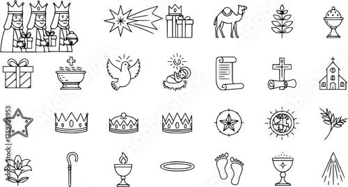 Line art vector icon set of religious symbols, including Nativity elements, Christian objects like cross, church, dove, and crowns, representing faith, celebration, and spirituality.
