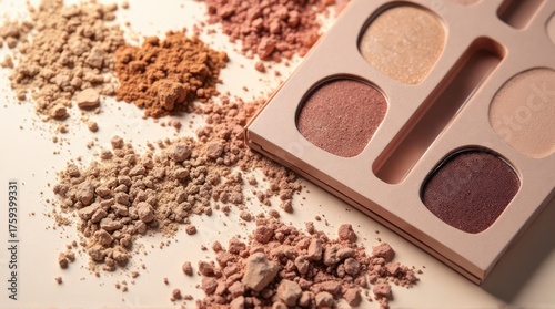 Natural mineral eyeshadow palette with scattered cosmetic powders.
