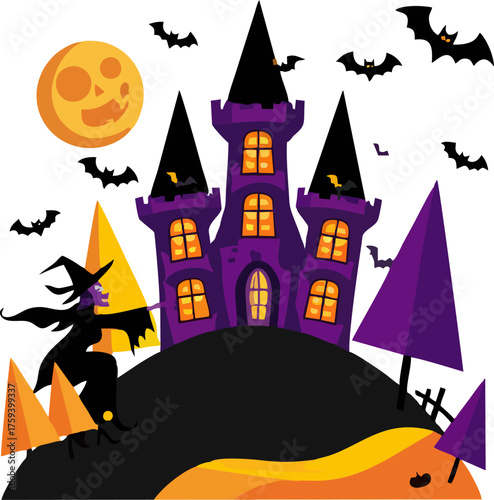 Spooky Witch Castle Halloween Vector Illustration, Haunted Mansion with Witch, Pumpkin Moon, Bats, and Geometric Trees