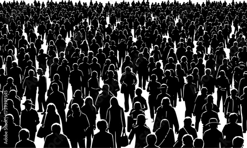 A black silhouette of a large crowd of people. Perfect for concepts of unity, community, teamwork, concert, rally, or celebration-themed designs.