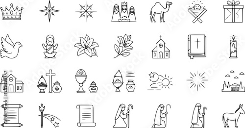 Christian Christmas Nativity Symbols Icons Set - Outline Vector Line Art