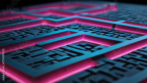 Extreme close-up of a glowing digital motherboard or cyberpunk maze with bright neon pink and teal light