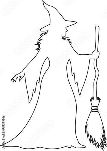Simple outline silhouette of a witch with a broomstick standing against a white background