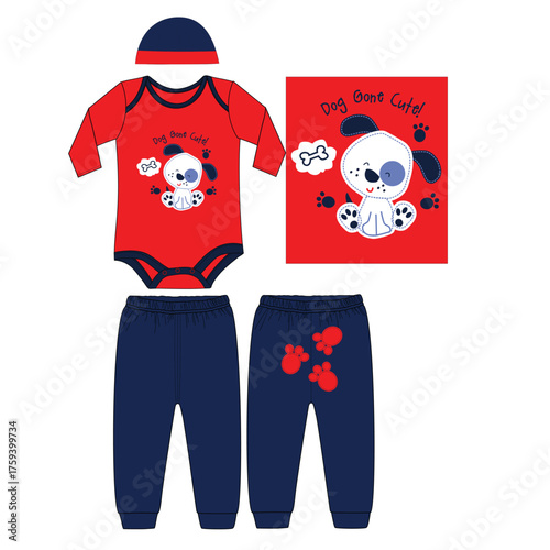 boys bodysuit with pant cute dog illustration