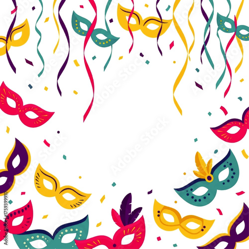 Vibrant colorful masks and ribbons scattered on a white background with confetti, conveying a festive celebration mood with a flat lay composition.