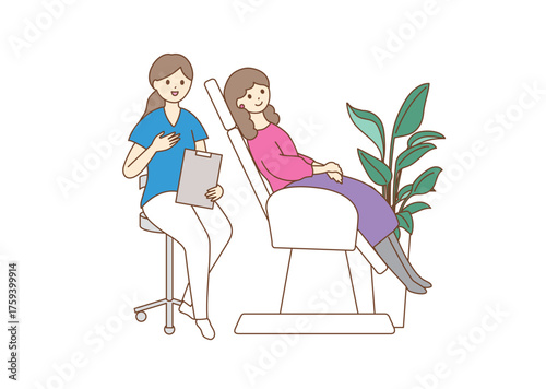 A woman receiving instructions on a dental clinic treatment table