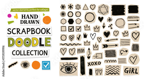 Set of various hand-drawn doodle elements on craft paper texture for scrapbooking and collage projects