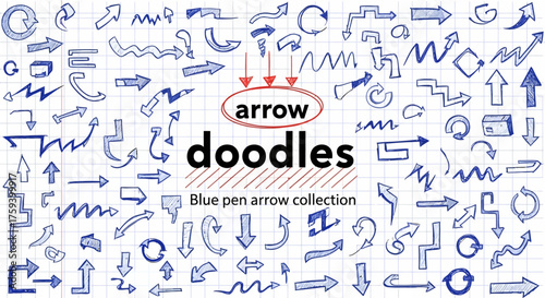 A comprehensive collection of hand-drawn blue pen arrow doodles and various direction pointers sketched on squared notebook paper