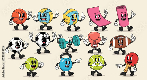 Happy and active sports equipment mascots, a diverse collection of retro cartoon illustrations for fitness