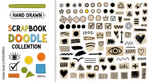 Assorted hand-drawn doodle elements for scrapbooking projects. Vector set with scribbles, hearts, arrows, and torn paper textures