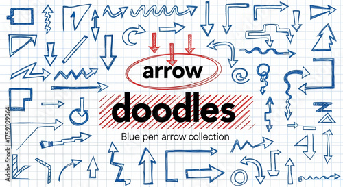 Hand-drawn collection of various blue pen sketch arrows on notebook grid paper, a vector set of doodle pointers