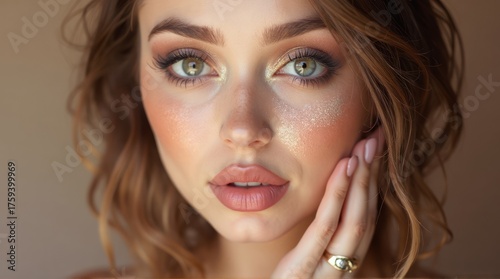 Close-up portrait of a beautiful woman with professional makeup and hand on face.