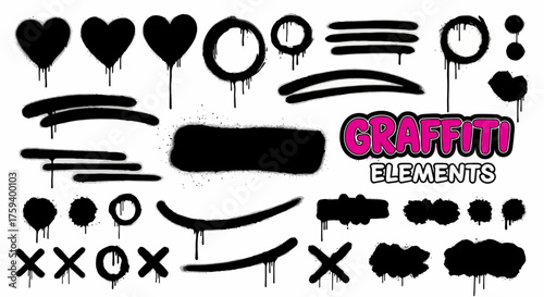 A set of black spray paint graffiti design elements with dripping ink, including hearts, tags, and underlines. Vector street art graphics