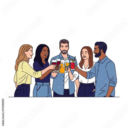 Diverse group of friends toasting with colorful drinks in a casual celebration with a lively and festive mood.