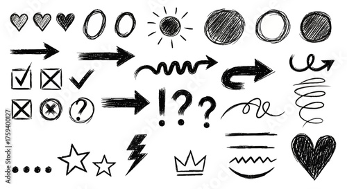 Hand-drawn doodle elements collection with sketched arrows, hearts, stars, and abstract symbols isolated on white (28)