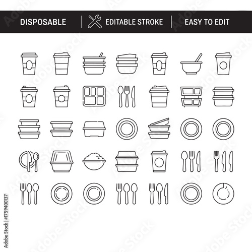 Set of disposable tableware icons simple line vector for food packaging isolated on white background